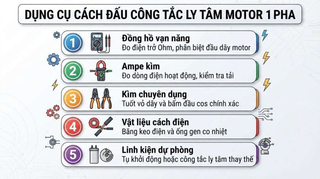 Dụng cụ cách đấu công tắc ly tâm motor 1 pha.
