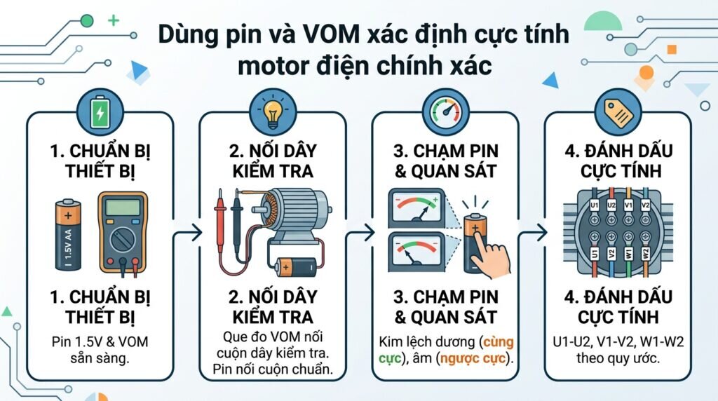 Dùng pin và VOM xác định cực tính motor điện chính xác.