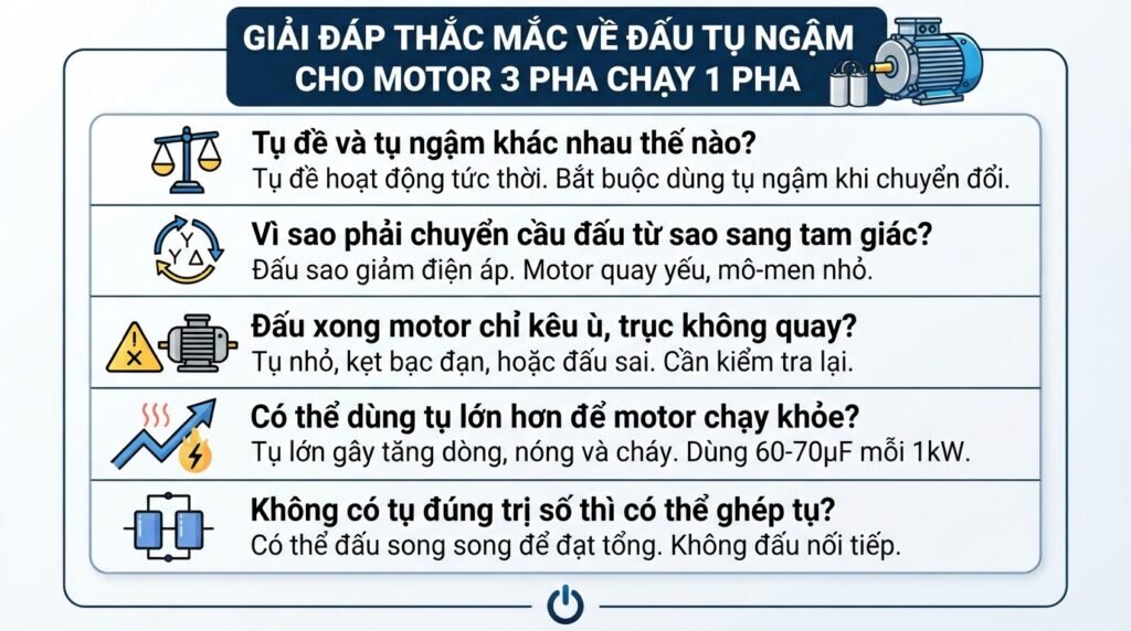 Giải đáp thắc mắc về đấu tụ ngậm cho motor 3 pha chạy 1 pha.