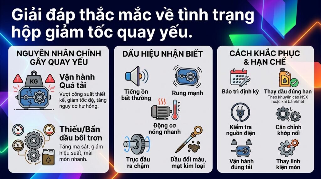 Giải đáp thắc mắc về tình trạng hộp giảm tốc quay yếu.