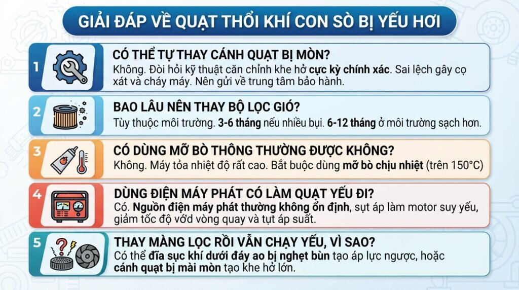 Giải đáp về quạt thổi khí con sò bị yếu hơi.