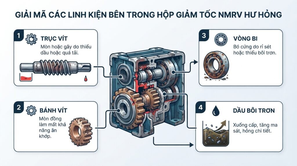 Giải mã các linh kiện bên trong hộp giảm tốc NMRV hư hỏng.