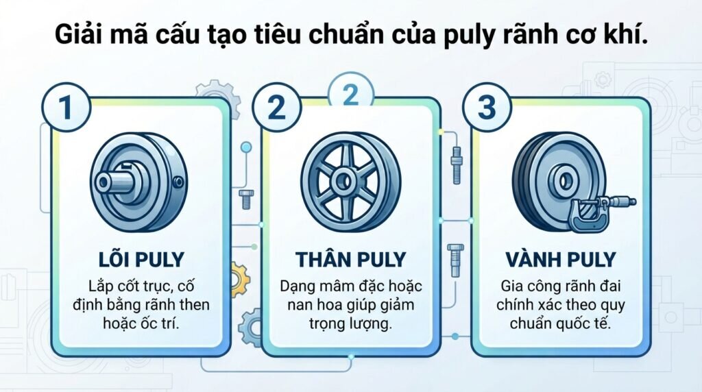 Giải mã cấu tạo tiêu chuẩn của puly rãnh cơ khí.