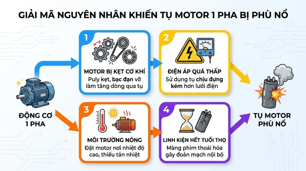 Giải mã nguyên nhân khiến tụ motor 1 pha bị phù nổ.