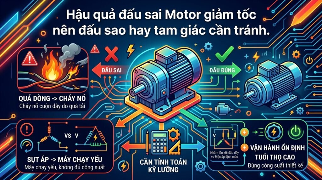 Hậu quả đấu sai Motor giảm tốc nên đấu sao hay tam giác cần tránh.