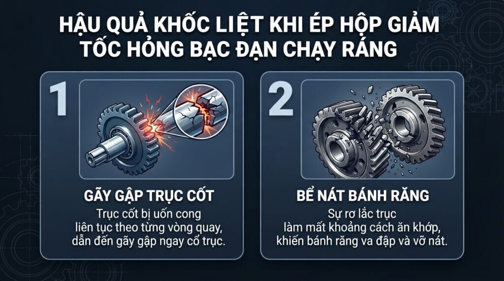 Hậu quả khốc liệt khi ép hộp giảm tốc hỏng bạc đạn chạy ráng.