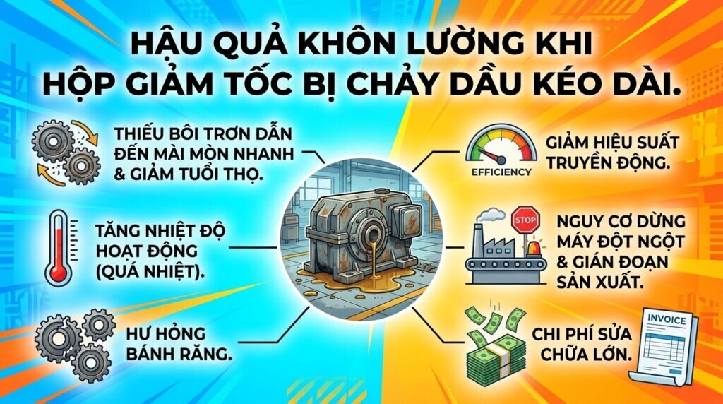 Hậu quả khôn lường khi hộp giảm tốc bị chảy dầu kéo dài.