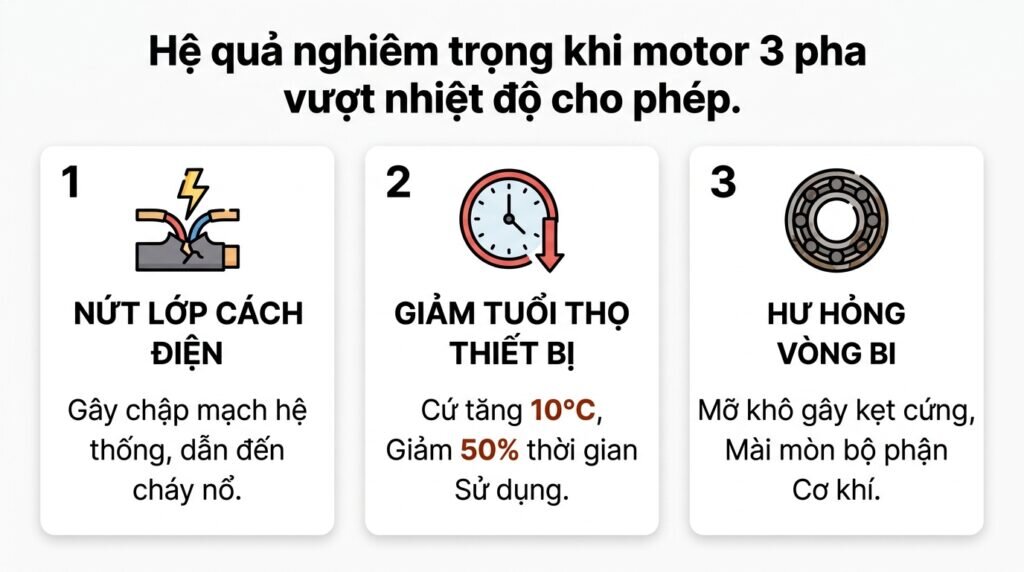 Hệ quả nghiêm trọng khi motor 3 pha vượt nhiệt độ cho phép.