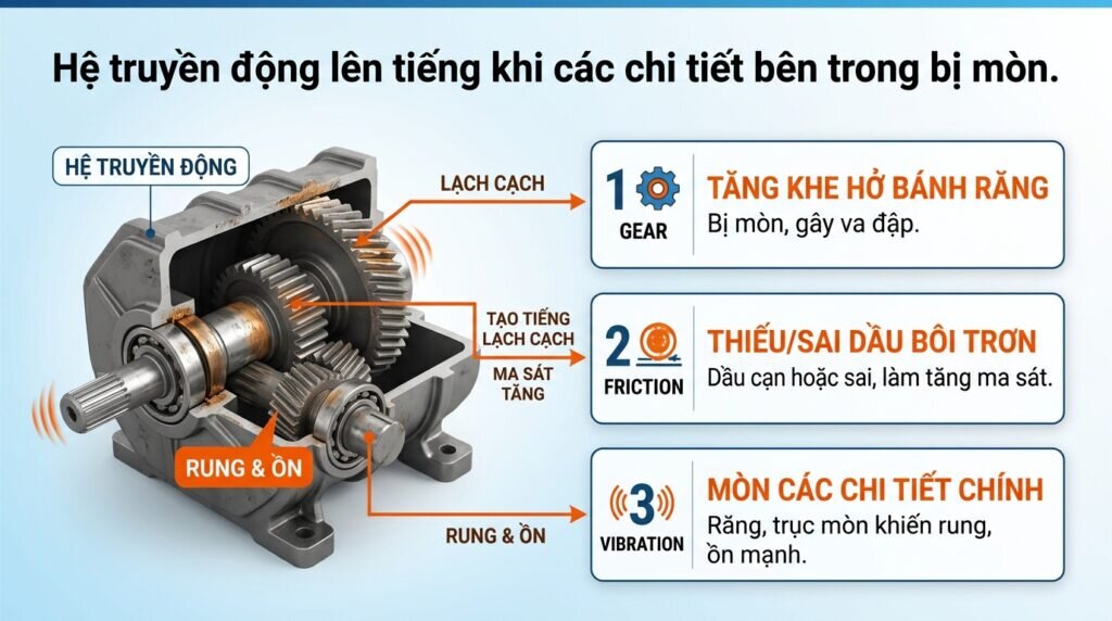 Hệ truyền động lên tiếng khi các chi tiết bên trong bị mòn.