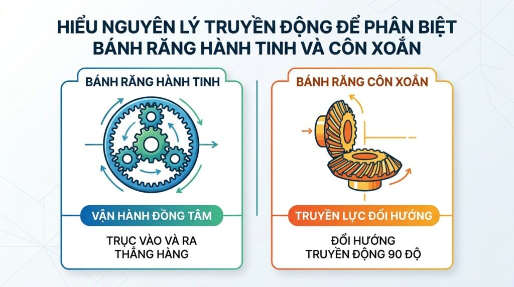 Hiểu nguyên lý truyền động để phân biệt bánh răng hành tinh và côn xoắn.