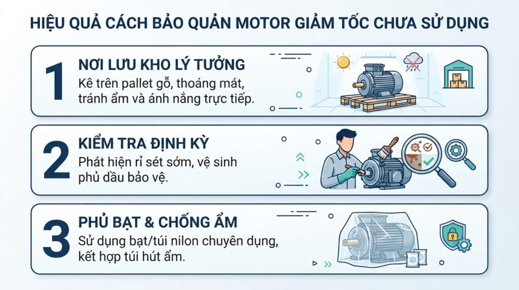 Hiệu quả cách bảo quản motor giảm tốc chưa sử dụng.