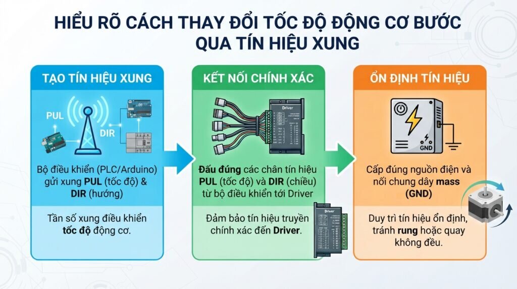 Hiểu rõ cách thay đổi tốc độ động cơ bước qua tín hiệu xung.