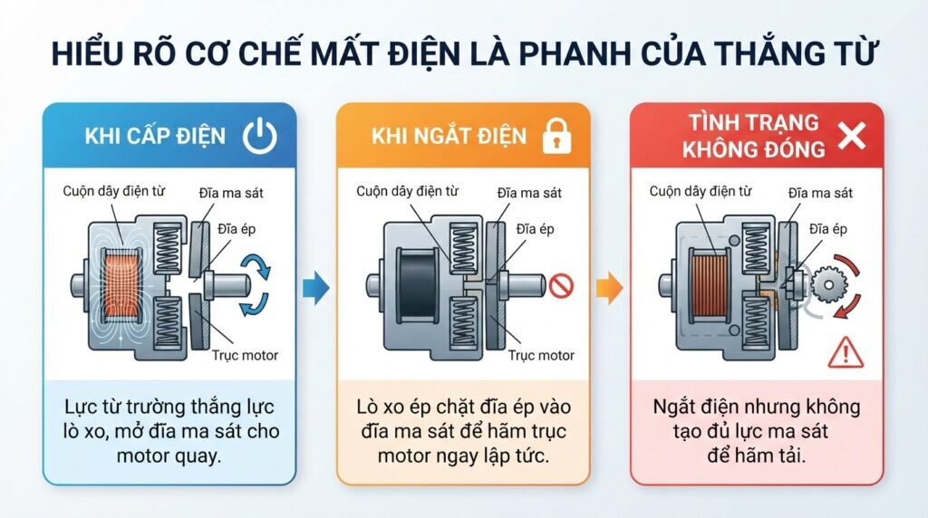Hiểu rõ cơ chế mất điện là phanh của thắng từ.