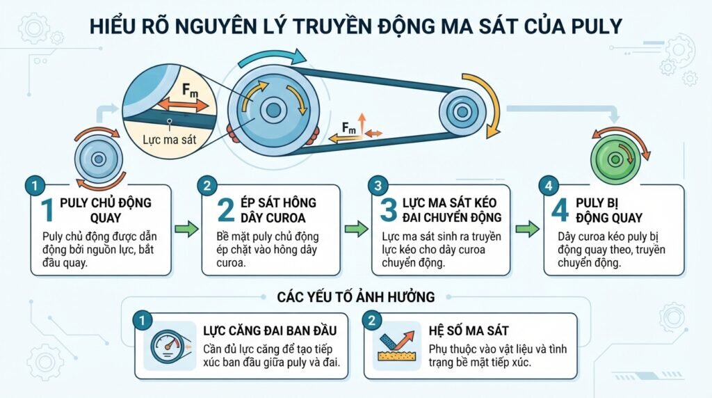 Hiểu rõ nguyên lý truyền động ma sát của puly.