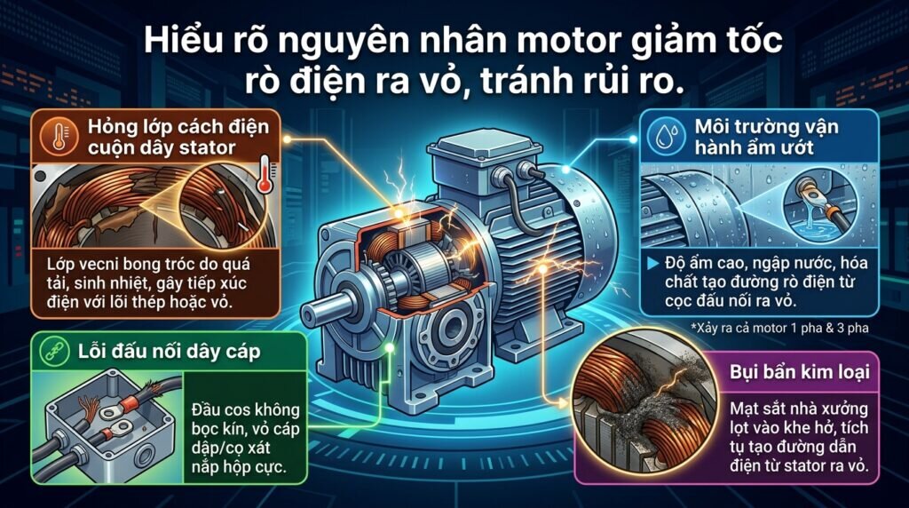 Hiểu rõ nguyên nhân motor giảm tốc rò điện ra vỏ, tránh rủi ro.