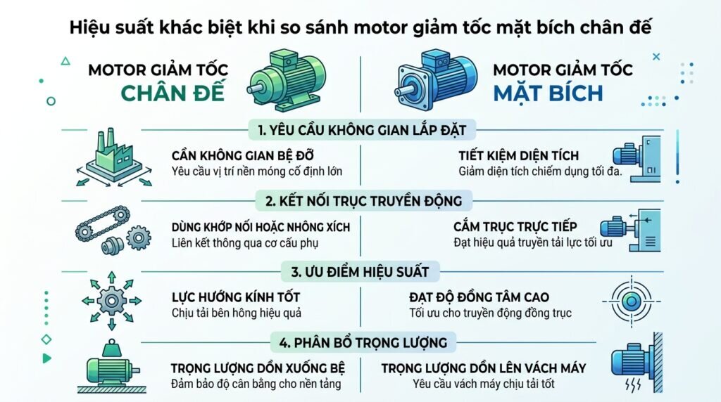 Hiệu suất khác biệt khi so sánh motor giảm tốc mặt bích chân đế.