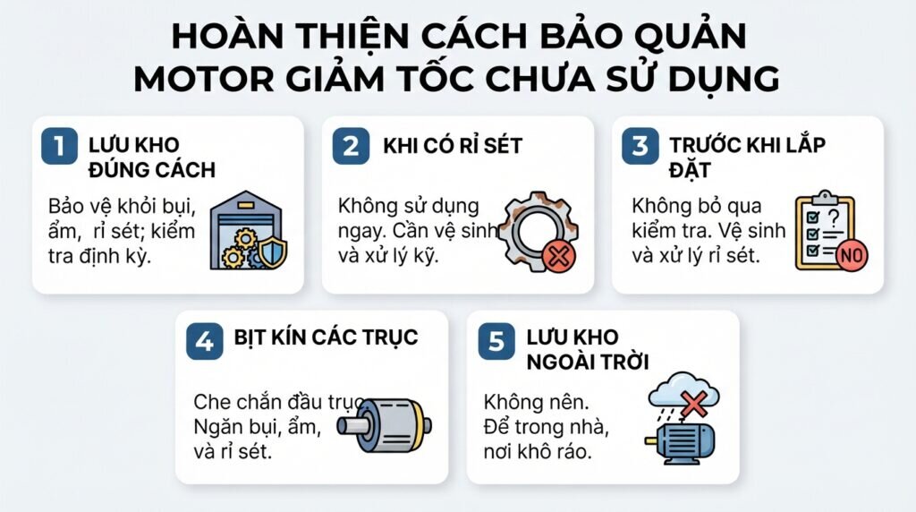 Hoàn thiện cách bảo quản motor giảm tốc chưa sử dụng.