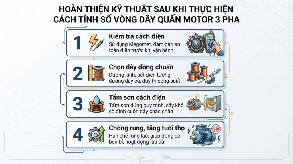 Hoàn thiện kỹ thuật sau khi thực hiện cách tính số vòng dây quấn motor 3 pha.