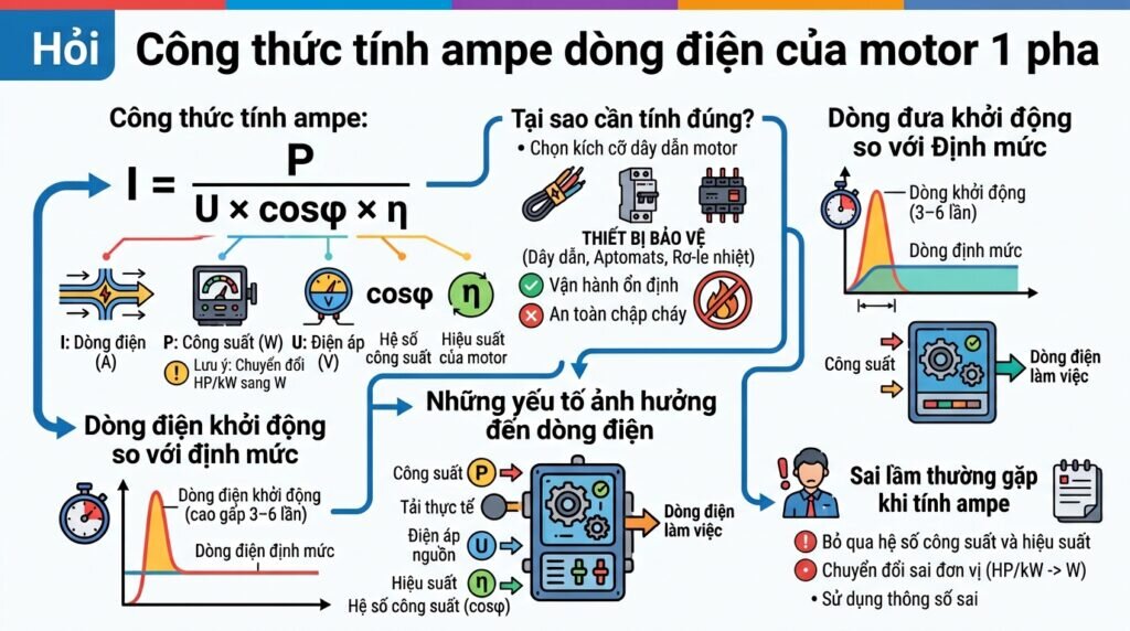 Hỏi Công thức tính ampe dòng điện của motor 1 pha