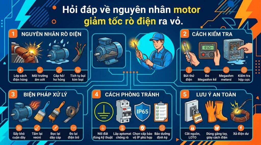 Hỏi đáp về nguyên nhân motor giảm tốc rò điện ra vỏ.