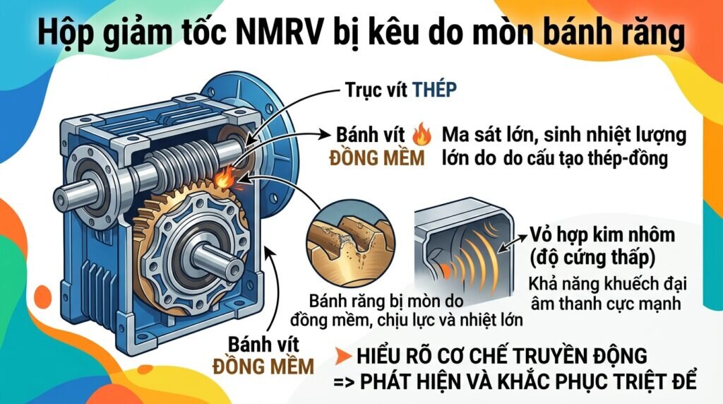 Hộp giảm tốc NMRV bị kêu do mòn bánh răng
