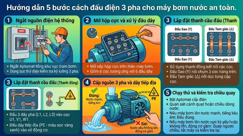 Hướng dẫn 5 bước cách đấu điện 3 pha cho máy bơm nước an toàn.