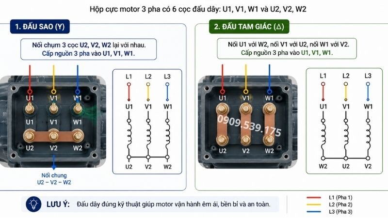 Hướng dẫn đấu dây motor giảm tốc theo từng kiểu đấu.