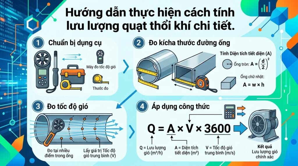 Hướng dẫn thực hiện cách tính lưu lượng quạt thổi khí chi tiết.