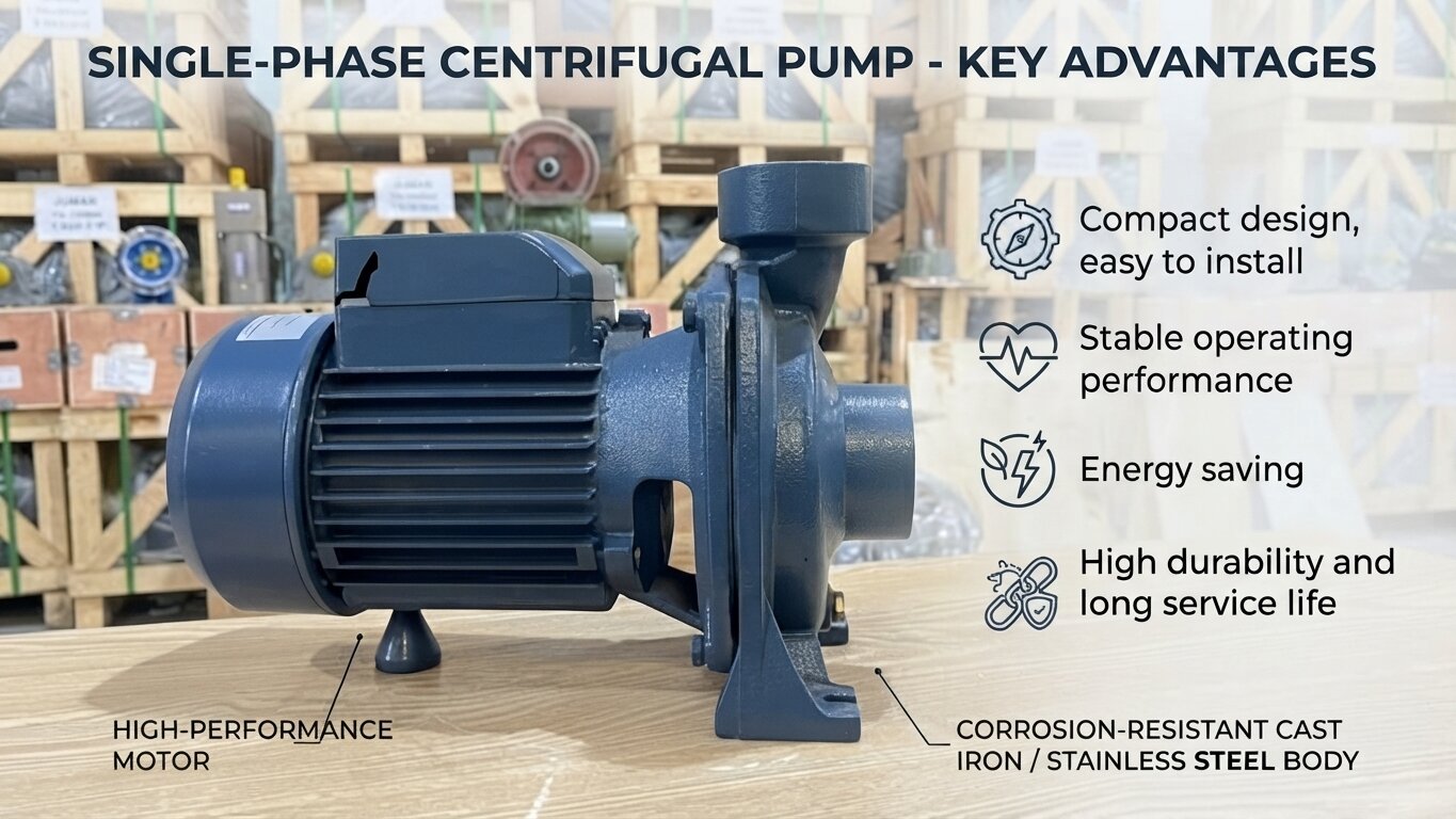 Main characteristics of 1-Phase centrifugal water pumps.