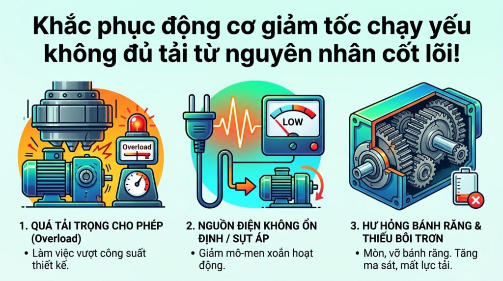 Khắc phục động cơ giảm tốc chạy yếu không đủ tải từ nguyên nhân cốt lõi!