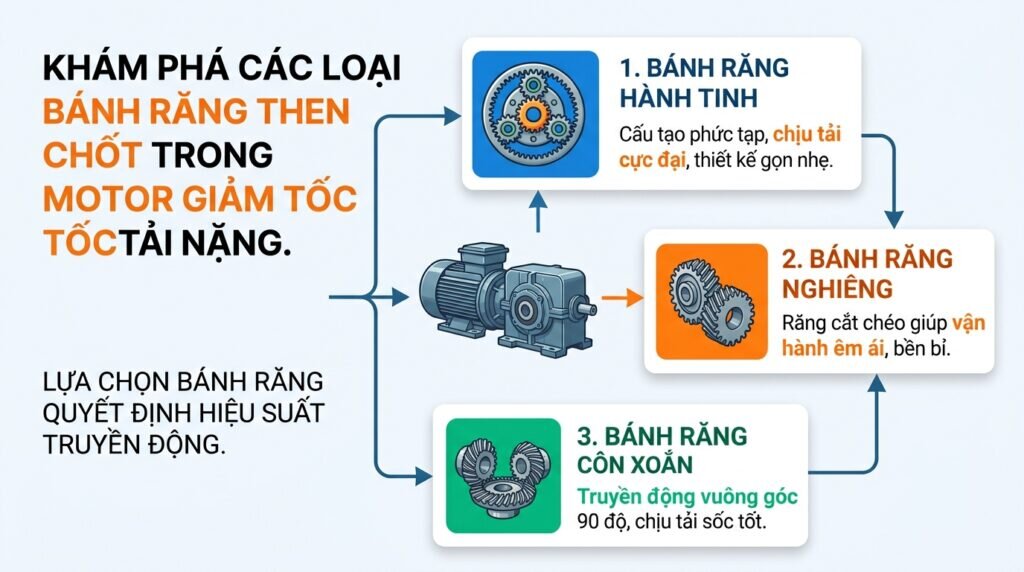 Khám phá các loại bánh răng then chốt trong motor giảm tốc tải nặng.