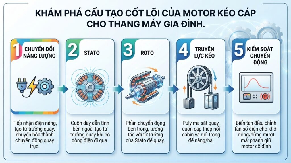 Khám phá cấu tạo cốt lõi của motor kéo cáp cho thang máy gia đình.