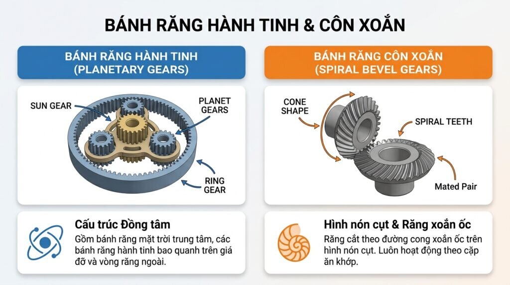 Khám phá cấu trúc khác biệt khi phân biệt bánh răng hành tinh và côn xoắn.