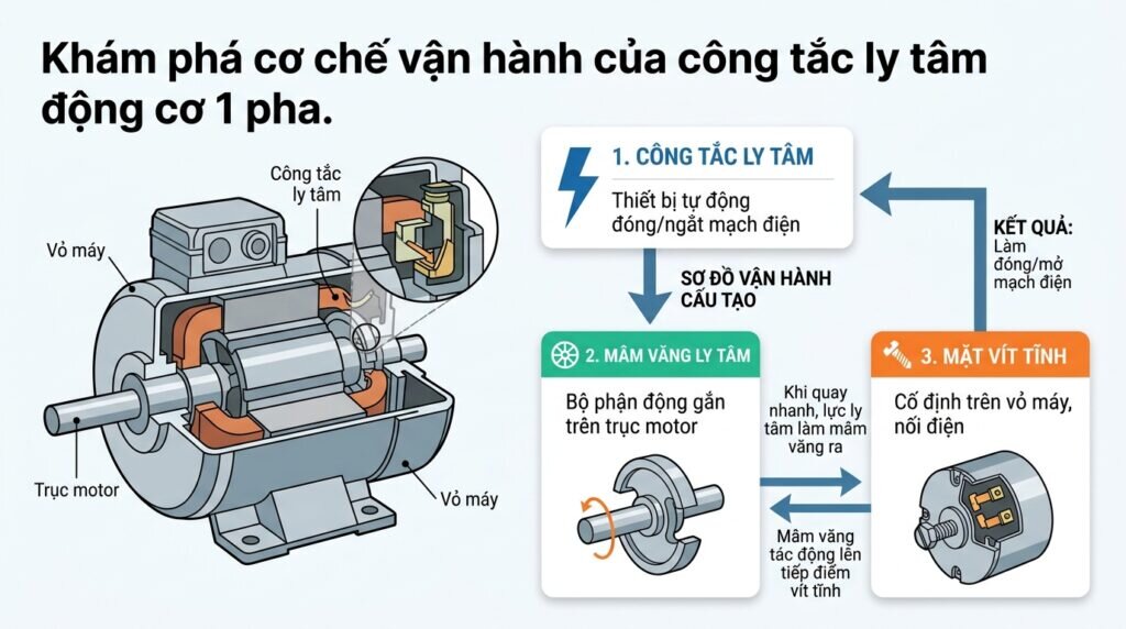 Khám phá cơ chế vận hành của công tắc ly tâm động cơ 1 pha.