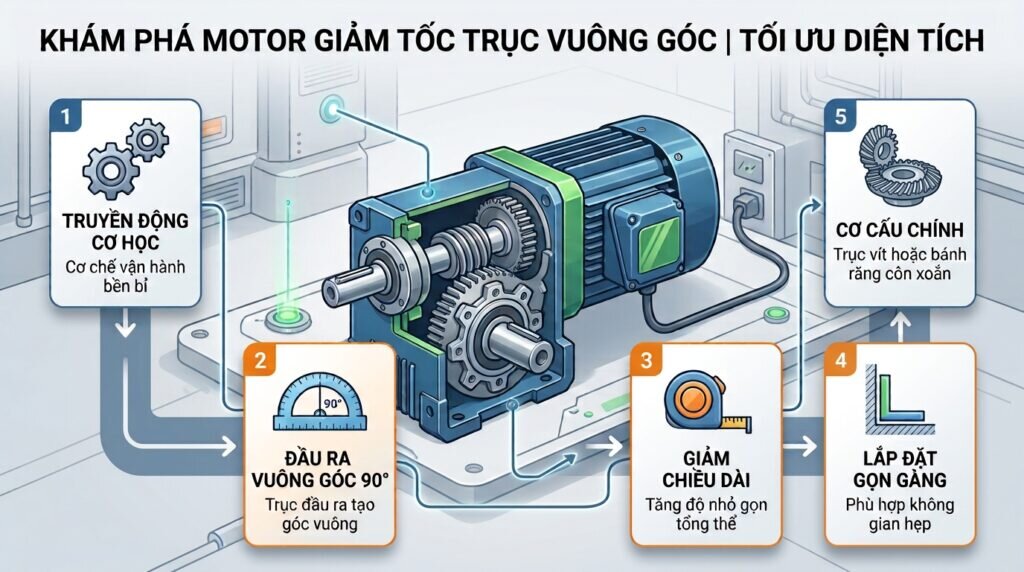 Khám phá motor giảm tốc trục vuông góc dùng làm gì để tối ưu diện tích.