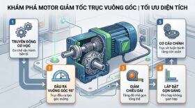 Khám phá motor giảm tốc trục vuông góc dùng làm gì để tối ưu diện tích.