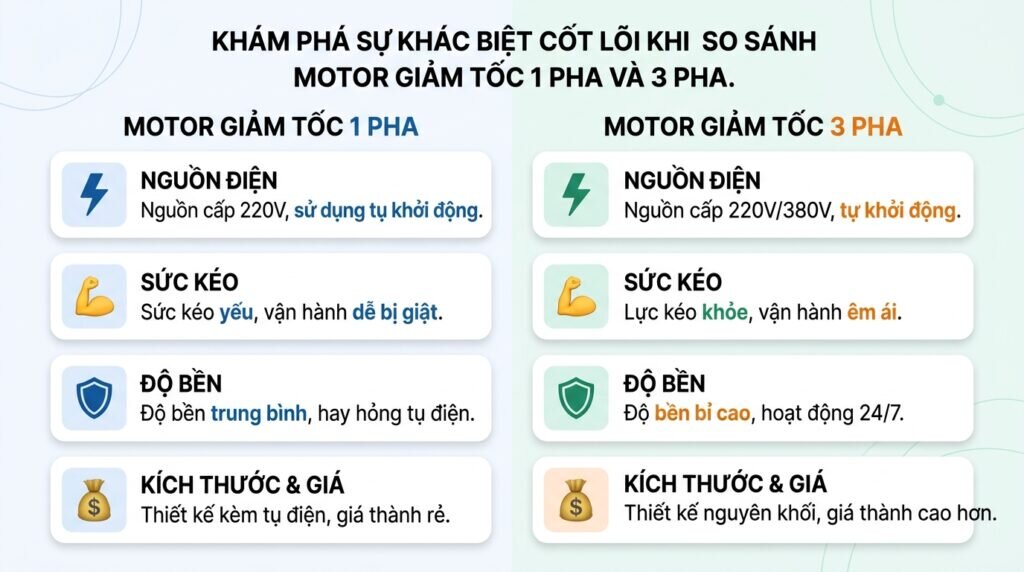 Khám phá sự khác biệt cốt lõi khi so sánh motor giảm tốc 1 pha và 3 pha.