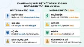 Khám phá sự khác biệt cốt lõi khi so sánh motor giảm tốc 1 pha và 3 pha.