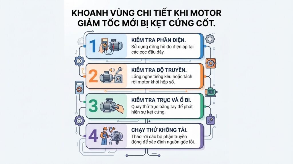 Khoanh vùng chi tiết khi motor giảm tốc mới bị kẹt cứng cốt.