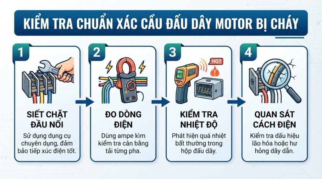 Kiểm tra chuẩn xác cầu đấu dây motor bị cháy chảy nhựa.