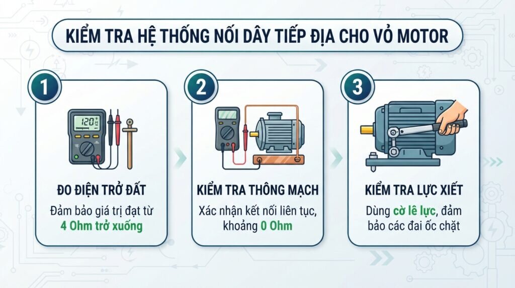 Kiểm tra hệ thống nối dây tiếp địa cho vỏ motor.