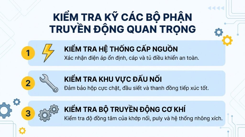 Kiểm tra kỹ các bộ phận truyền động quan trọng.