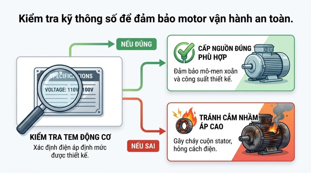Kiểm tra kỹ thông số để đảm bảo motor vận hành an toàn.