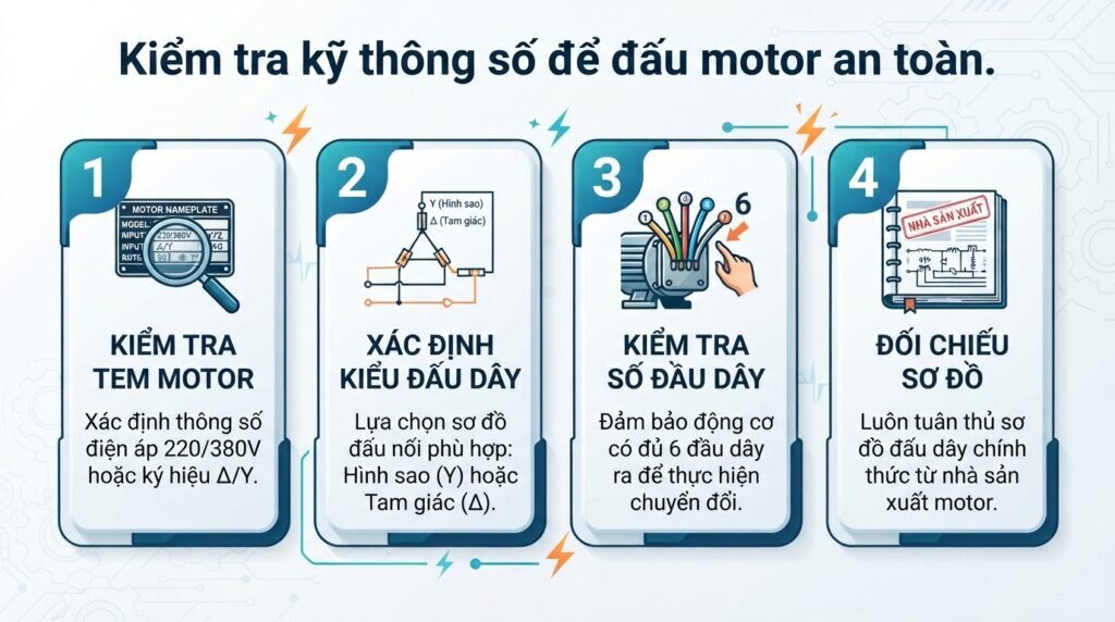 Kiểm tra kỹ thông số để đấu motor an toàn.