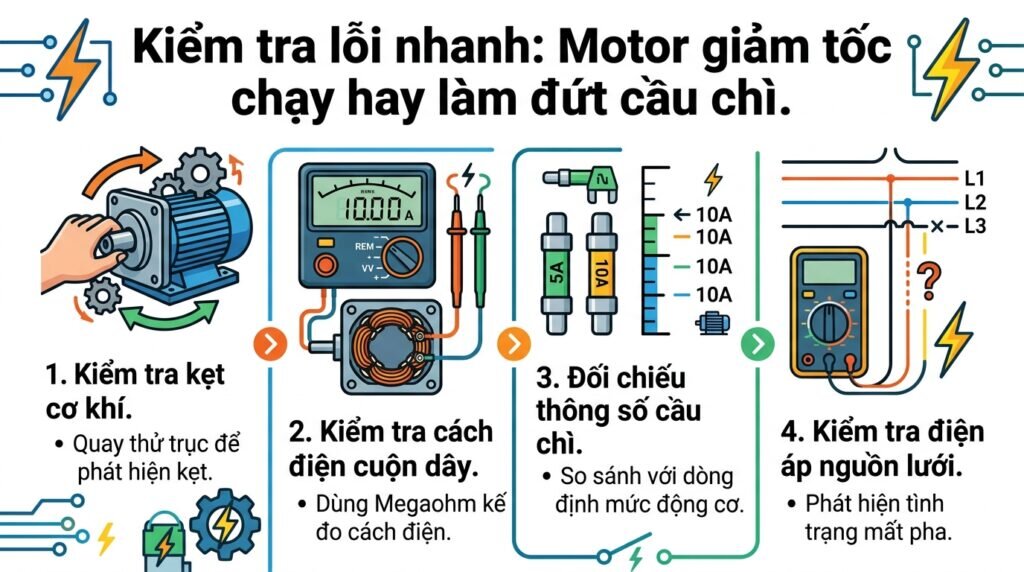 Kiểm tra lỗi nhanh: Motor giảm tốc chạy hay làm đứt cầu chì.