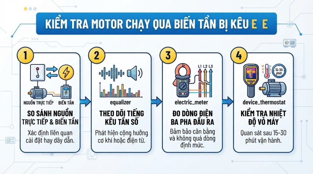 Kiểm tra motor chạy qua biến tần bị kêu e e