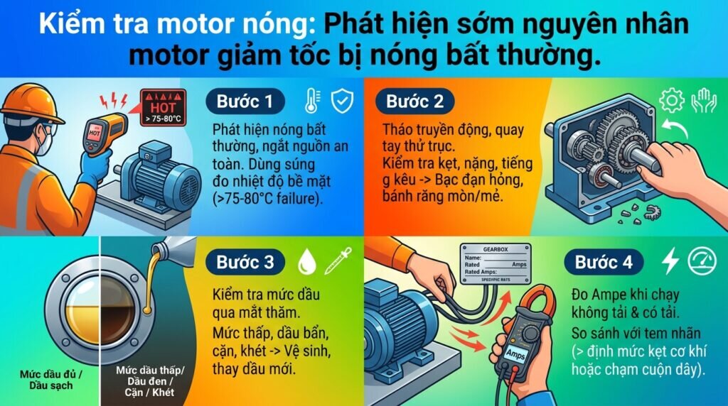 Kiểm tra motor nóng: Phát hiện sớm nguyên nhân motor giảm tốc bị nóng bất thường.