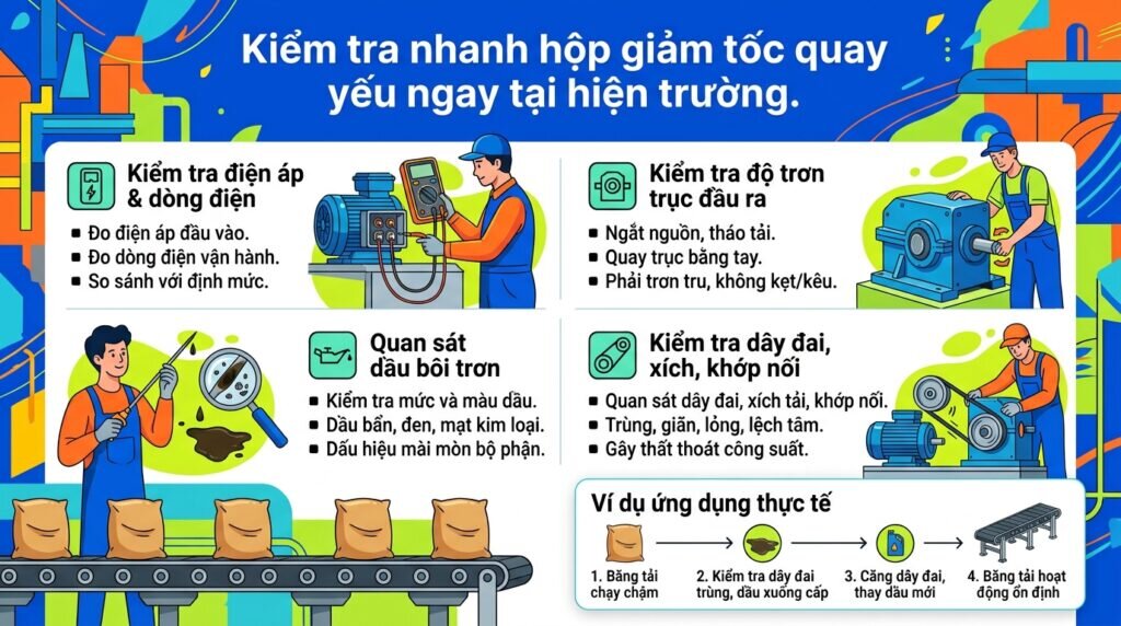 Kiểm tra nhanh hộp giảm tốc quay yếu ngay tại hiện trường.