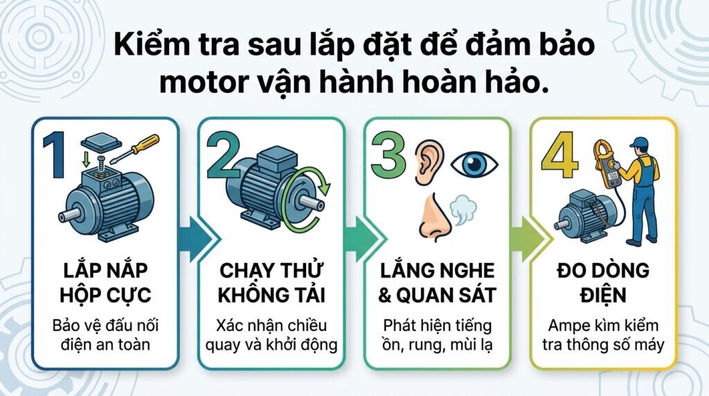 Kiểm tra sau lắp đặt để đảm bảo motor vận hành hoàn hảo.