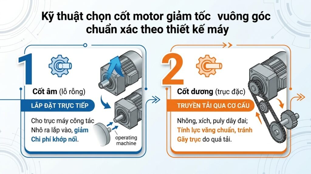 Kỹ thuật chọn cốt motor giảm tốc vuông góc chuẩn xác theo thiết kế máy.